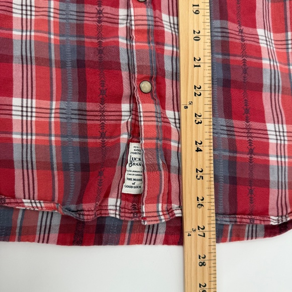 Lucky Brand Top Women XL Red Plaid Pearl Snap Button Up Short Sleeve Western - Picture 10 of 11
